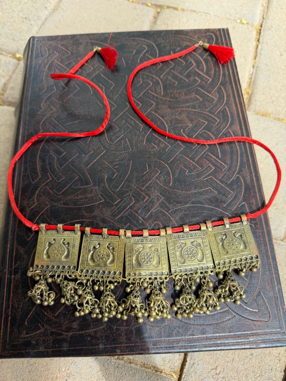 Bohemian Brass Panel Necklace with Red Cord